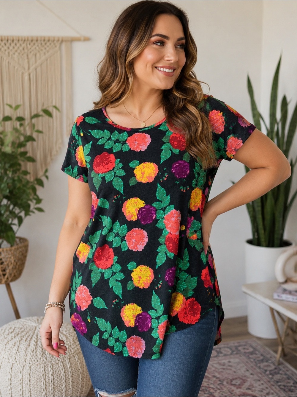 Lularoe 2XL Black Floral Classic Tee Bright Multicolor Rose Print Tunic